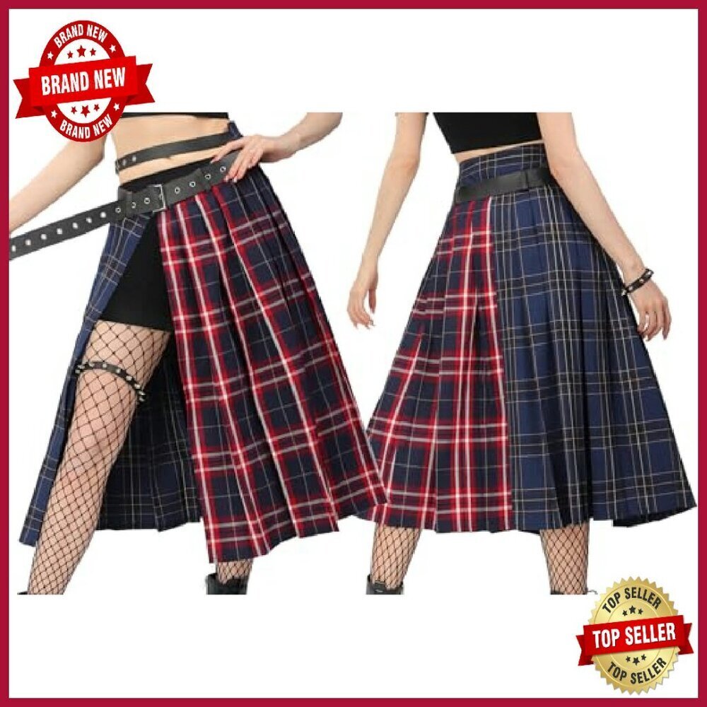 Plaid Pleated Midi Skirt with Belt, Side Slit, Polyester, US Size - Picture 2 of 8